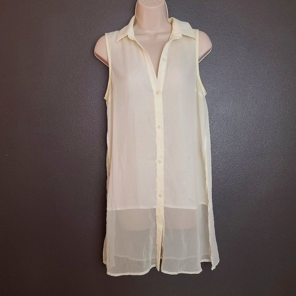 Contempo Casual White Cream Sheer Button Up Blouse
